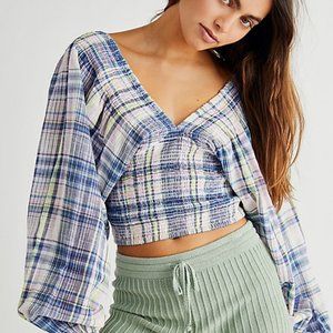 Free People Plaid V-Neck Blouse - Blue and White
